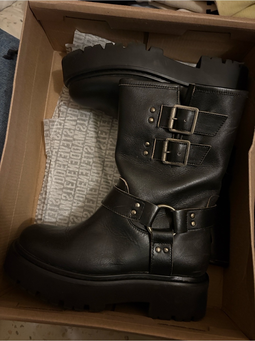Steve Madden Black Chunky Moto Buckle Boots